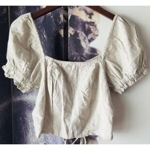 Dizzy Lizzy Short Sleeve Square Neck Tan Khaki‎ Tie up Crop Top Size M